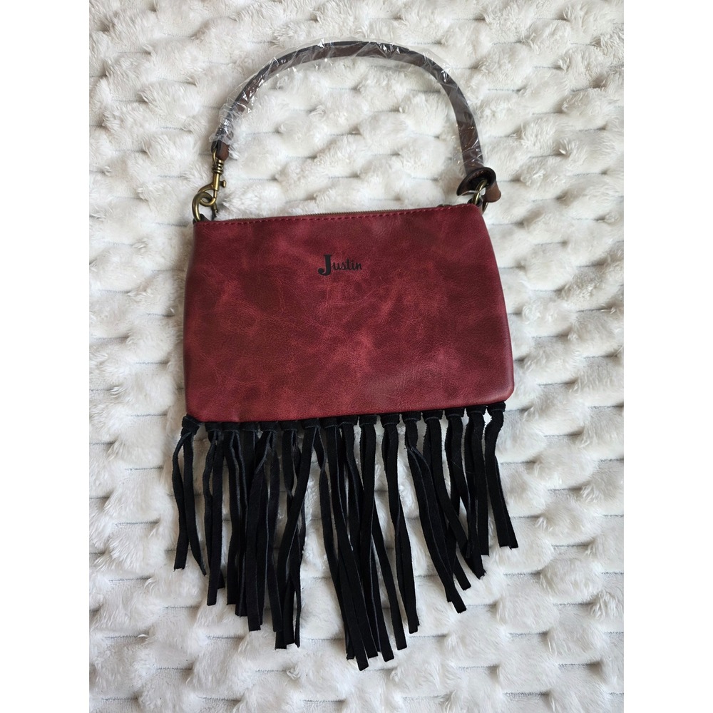 Justin Convertible Bag Leopard Print Burgundy Fringe Shoulder Bag Wristlet NEW - Picture 4 of 9